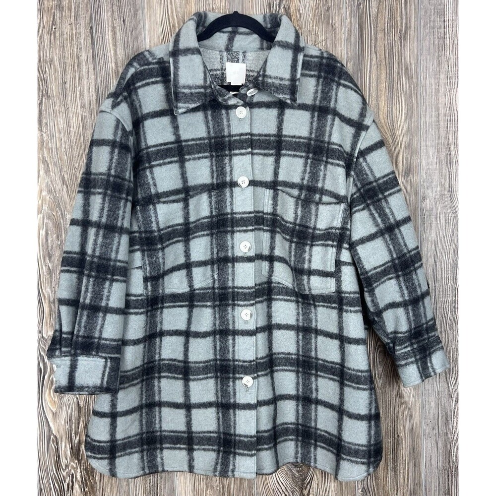 H&M Felted Heavy Shacket Shirt Jacket Light Green Plaid Oversized Women’s XXL